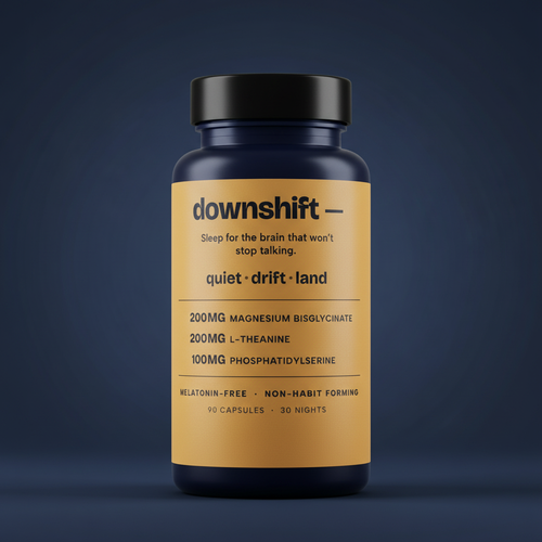 Downshift ADHD-Brain Sleep Stack bottle — 200mg magnesium bisglycinate, 200mg L-theanine, 100mg phosphatidylserine, melatonin-free