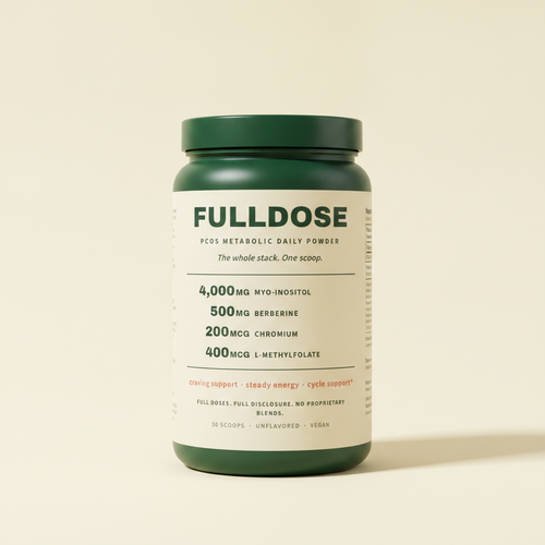 FullDose PCOS Metabolic Daily Powder canister — 4000mg myo-inositol, 500mg berberine, 200mcg chromium, 400mcg L-methylfolate